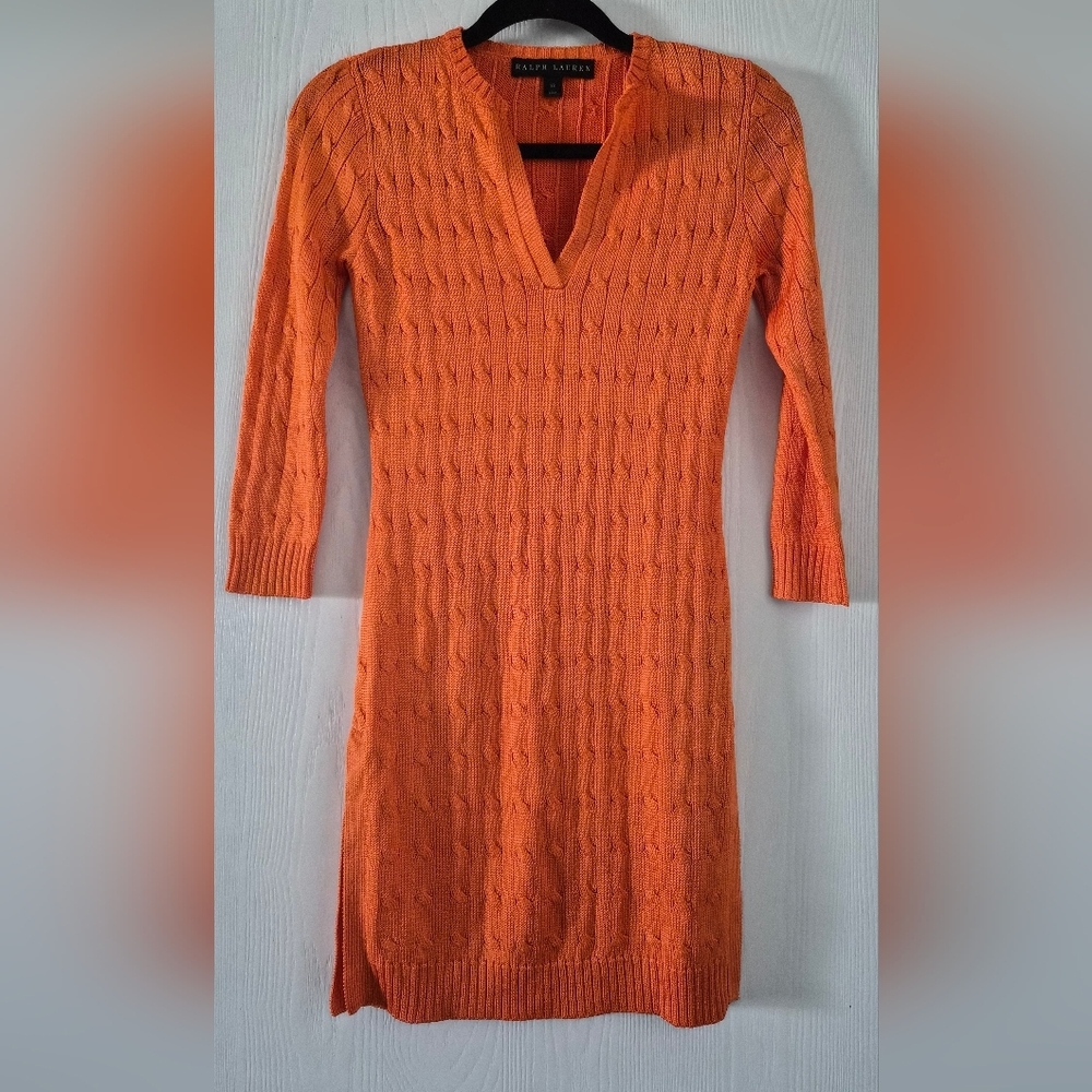 Ralph Lauren Black Label 100% Silk Orange Cable Knit Mini Dress Size XS